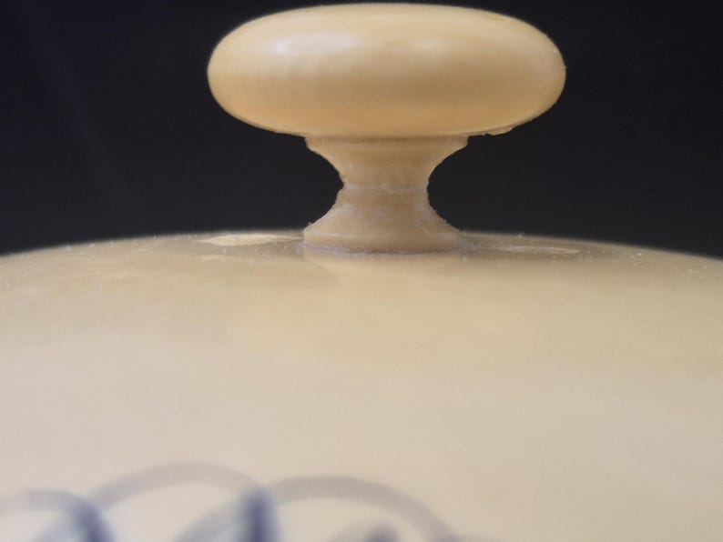 Pu&ograve; includere: Primo piano di un coperchio color crema con un pomello a forma di fungo. Il pomello e il coperchio hanno una finitura liscia e opaca. Il coperchio presenta un sottile motivo azzurro nella parte inferiore. Lo sfondo &egrave; scuro.