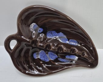 Mid-Century Chocolate Brown With Cobalt Blue Drip Glaze Ceramic Ashtray, Trinket Dish