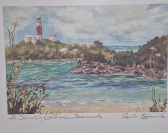 Lithografische print van de vuurtoren van St. David's op Bermuda, gemaakt door Anita Symonds - Klaar om op te hangen - Kustdecoratie
