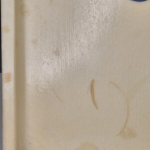 Pu&ograve; includere: Un vassoio rettangolare color crema con bordi arrotondati. Il vassoio presenta macchie e graffi visibili, che indicano un uso precedente. Un motivo a spirale decorativo blu e bianco &egrave; visibile nell'angolo in alto a destra. La superficie del vassoio mostra segni di usura.