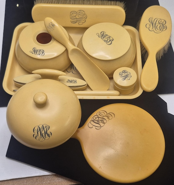 1930s-40s 11 Piece Celluloid Vanity Set With Lids