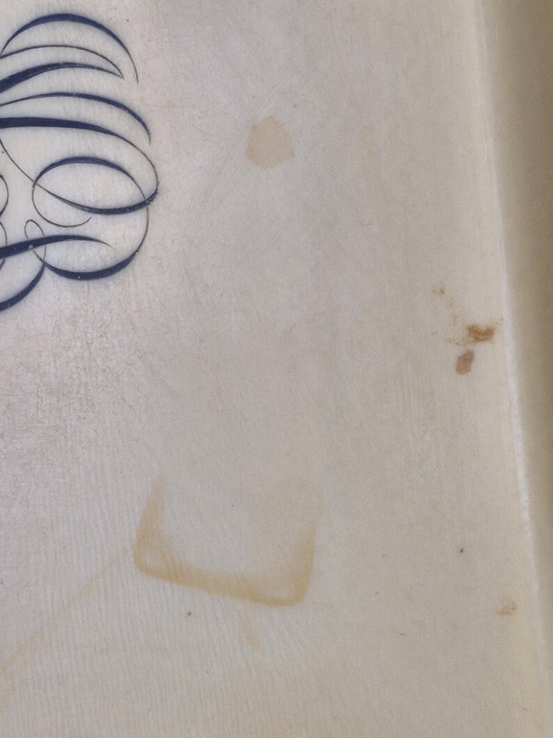 Pu&ograve; includere: Primo piano di una superficie color crema con scritte in corsivo blu scuro nell'angolo in alto a sinistra. Sono visibili diverse macchie marroni sulla superficie, tra cui una macchia quadrata.