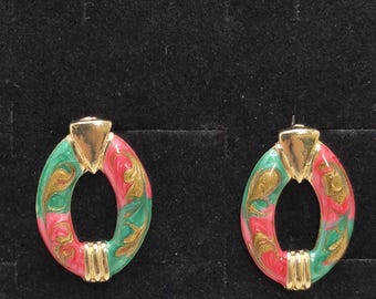 80s-90s Vintage Dangle Earrings. Gold Tone with Pink/Green Enamel