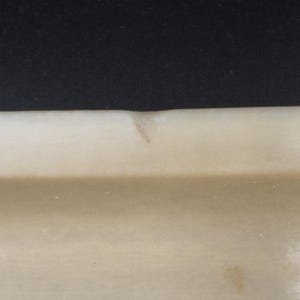 Pu&ograve; includere: Primo piano di un oggetto rettangolare beige chiaro su sfondo nero scuro. L'oggetto presenta una leggera rientranza e alcune piccole macchie. L'oggetto sembra essere fatto di un materiale solido.