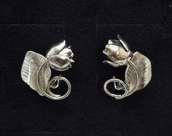 1960s Silver Tone Tulip And Leaf Clip On Earrings