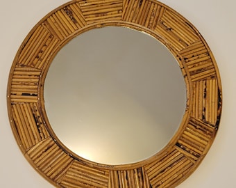 Mid Century Bamboo 20" Round Wall Mirror Rattan Tiki Accent