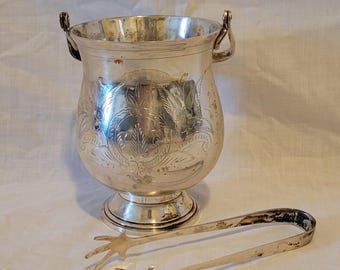 Silberfarbener Vintage Geätzter Eiskübel Made in India Zangengriff