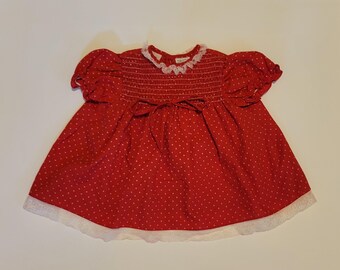 Baby Girls Vintage Red Smocked Polka Dot Dress Infant Retro 80s