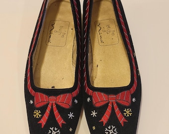 Chaussures de Noël vintage en velours, pointure 7, petit talon, nœuds noirs et flocons de neige