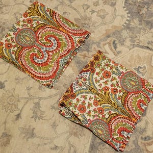May include: Two folded square cloth napkins with a colorful paisley design. The pattern includes red, orange, green, and blue swirls and floral elements on a cream background. The napkins are placed on a patterned rug.