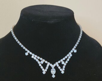 Light Blue Rhinestone Mid Century Choker Necklace 15 Inch