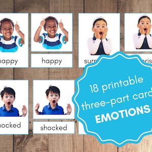 Tarjetas de tres partes Tarjetas de nomenclatura de emociones Imágenes reales Actividad Montessori imprimible para niños pequeños Tarjetas didácticas de emociones de prekínder