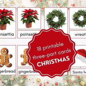 Afdrukbare driedelige kerstkaarten Vakantienomenclatuurkaarten Echte foto's Kerstkaarten Montessori PreK Vakantieactiviteit Peuter