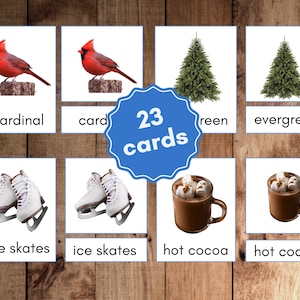 Cartões de três partes para impressão de inverno Cartões de nomenclatura Cartões de inverno Imagens reais Flashcards Atividade Montessori de inverno para crianças e pré-K