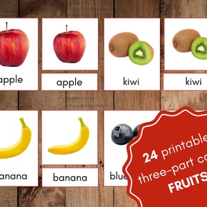 Tarjetas imprimibles de tres partes, imágenes reales de frutas, tarjetas de nomenclatura Montessori, tarjetas didácticas de frutas para niños pequeños y preescolares