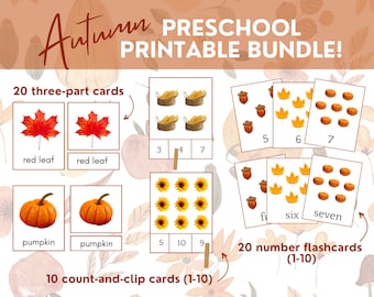 May include: A set of printable autumn-themed preschool learning cards. The cards feature images of pumpkins, red leaves, acorns, and sunflowers. The set includes 20 three-part cards, 10 count-and-clip cards, and 20 number flashcards.