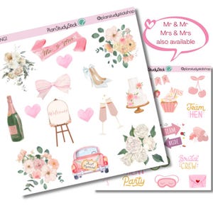 May include: A sheet of watercolour wedding stickers. Designs include a pink banner reading "Mr & Mrs", hearts, a car with "Just Married", a cake, champagne glasses, and a welcome sign. "Mr & Mr, Mrs & Mrs also available".