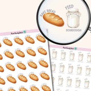 May include: Decorative stickers featuring illustrations of baked bread loaves and jars of sourdough starter. The stickers include the text "Bake Bread" and "Feed Sourdough". The brand name "PlanStudyStick" is also visible.