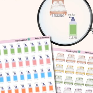 May include: Sheets of planner stickers with a cleaning theme. The stickers feature illustrations of beds, soap dispensers, and text like "Change Bedding" and "Clean". The stickers are in various colors.