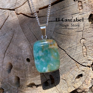 Indische Achat-Halskette, Naturstein, rechteckige Form, Edelstahlkette. Lesen Sie unten die Beschreibung der magischen Eigenschaften (aufklappen).