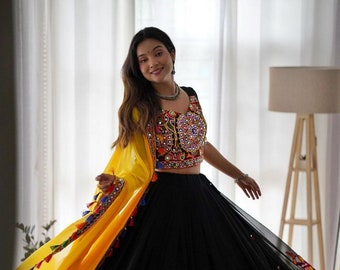 Garba especial espejo pesado trabajo lehenga choli y dupatta, ropa de fiesta lehenga, lehenga choli pesado, conjunto chanya choli, vestido para baile garba