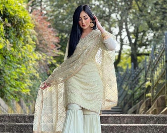 Ontwerper Pista Green sharara pak met zware kurti en Dupatta, Bruiloftskleding, Pakistaanse pakset, Pista Green pakset, Designer Eid jurk
