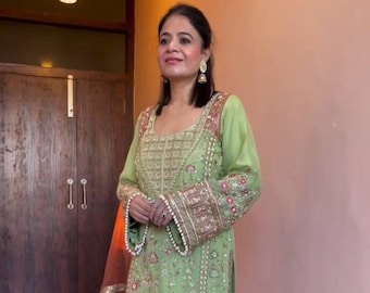 Nieuwe ontwerper ramadan speciale Pakistaanse Pista groene zware rechte kurti met Pent en Dupatta, 3pc pak, Pakistaans pak, jurk voor Eid