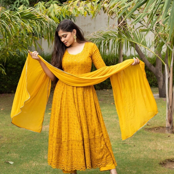 Turmeric yellow chikankari anarkali set with dupatta,Haldi wear anarkali,yellow anarkali suit,Haldi outfit, Indian ethnic outfit,haldi dress