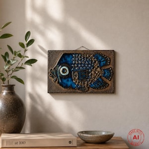 Può includere: Una placca da parete rettangolare in ceramica con un design di pesce stilizzato. Il pesce è realizzato in tonalità blu profondo e bronzo metallizzato con una superficie ruvida e a bolle. Presenta un grande occhio ed è appeso a un filo metallico.