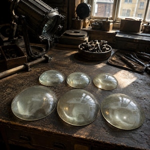 Puede incluir: Una colección de seis lentes de vidrio circulares y transparentes dispuestas en dos filas sobre una superficie de madera oscura y desgastada. Las lentes son lisas, transparentes y tienen forma de cúpula, reflejando la luz y el entorno.