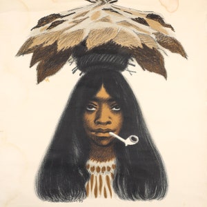 Poster pubblicitario del tabacco originale degli anni '50 di Aage Sikker Hansen per FDB Tobaksfabrikker Denmark. "The Tobacco Girl" Condizioni vintage grezze