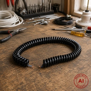 May include: A black coiled electrical cable with a glossy finish, featuring exposed copper and blue-insulated wire ends. The cord is shaped into a semi-circle, showcasing its flexible, spring-like structure designed for electrical connectivity.