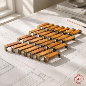May include: A collection of rectangular cabinet pulls featuring a natural wood grain center section and antique brass metal ends. The pulls are arranged in a grid pattern, showcasing the combination of warm wood tones and metallic hardware components.
