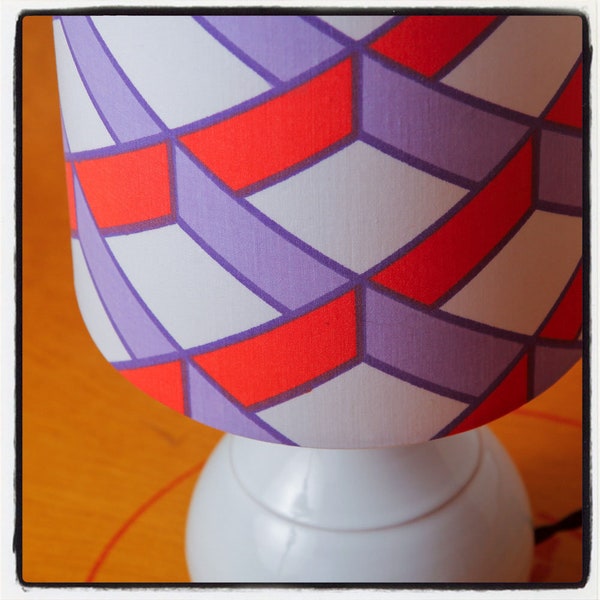 Cylinder -shaped graphically lampshade with upcycled vintage fabric from the 80s, France