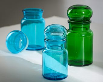 Vintage 1960s Belgian Blue or Green Glass Container with Bubble Top – Apothecary Jar or Kitchen Canister