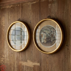 Antique Japanese Hand-Colored Photo Frames, Gilded Wood, Set of 2