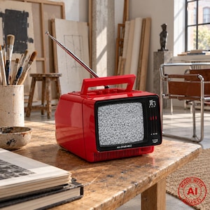 Vintage Mini Star 416 C Roter tragbarer Röhrenfernseher, Retro-TV-Requisite aus den 1970er Jahren