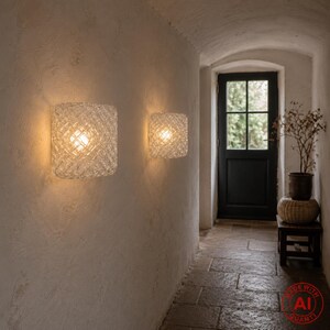 May include: Two square wall sconces with textured, clear glass shades mounted on a light-colored wall. Each fixture emits a warm, glowing light from an internal bulb, casting soft illumination across the surface of the wall in a hallway.