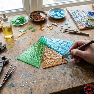 May include: A craftsperson works on a stained glass project, using a glass cutter on triangular pieces of green, orange, and blue glass. Various tools and materials, including pliers, tweezers, and small glass pieces, are arranged on a wooden work surface.