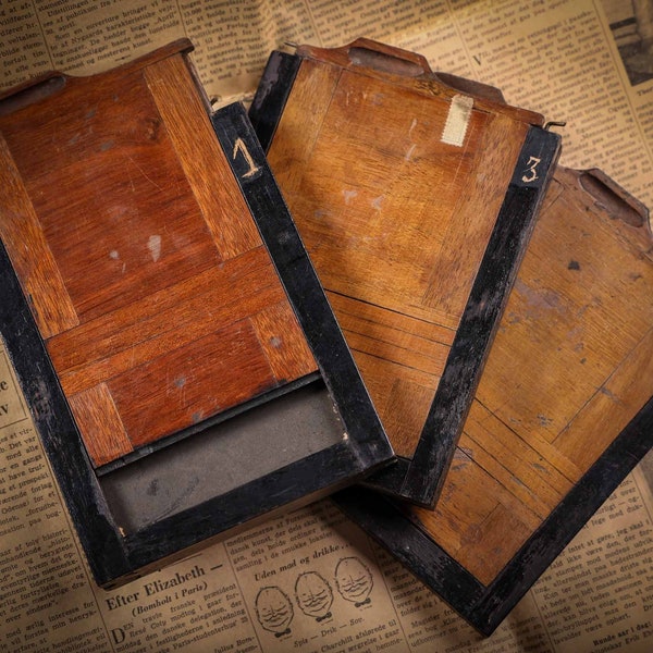 Set of 3 antique slotted wood frame film holder, old wooden film holder