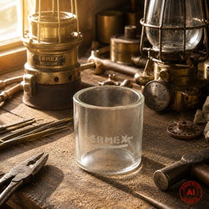 May include: A clear, cylindrical glass vessel featuring the word ERMEX etched into the front surface. The glass has a smooth, transparent finish and a flat base, positioned centrally among various metal tools and vintage brass lanterns.