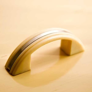 4 Vintage Drawer Cabinet Pulls, Original old hardware, Architectural salvage, Mid-century plastic and chrome