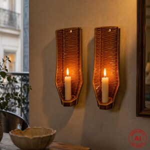 May include: Two wall-mounted candle holders with lit candles. The holders are a warm brown color with a woven design. The candles are white and provide a soft glow. The holders are mounted on a neutral-colored wall.