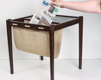 Mesa auxiliar vintage Brdr. Furbo con revistero – Mesa danesa de palisandro de mediados de siglo con funda de lona.