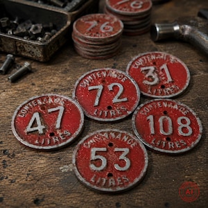 Może przedstawiać: Kilka zużytych, czerwonych metalowych krążków z białym tekstem i numerami, w tym "CONTENANCE" i "LITRES". Numery na krążkach wahają się od 31 do 108. Niektóre krążki są ułożone w stos, inne leżą na drewnianej powierzchni.