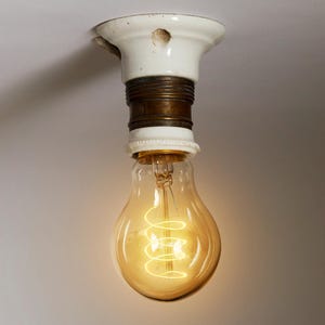 May include: A vintage light bulb with a coiled filament glows brightly inside a clear glass bulb. The bulb is attached to a white porcelain socket with a brass base.