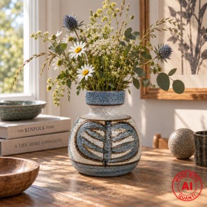 May include: A ceramic vase with a textured, mottled blue and white finish featuring a dark blue leaf-like pattern. The vase has a wide, rounded body and a narrow neck, and it is filled with a bouquet of white daisies, blue thistles, and greenery.