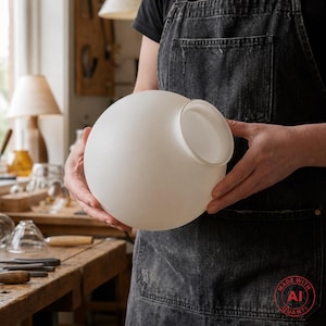 May include: A spherical, matte white glass lamp shade with a circular opening on one side. The object has a smooth, opaque surface and a rounded, globe-like form, designed to diffuse light when installed in a lighting fixture.