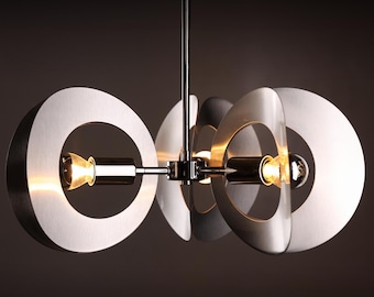 Vintage Space Age Chandelier, Stainless Steel Pendant Lamp, 1970s French Lighting