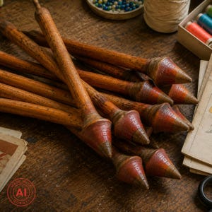 May include: A collection of long, slender wooden spindles with tapered, pointed ends. Each spindle features a smooth, polished brown wood shaft and a distinct, conical tip painted in a reddish-brown hue with fine, etched horizontal line details.